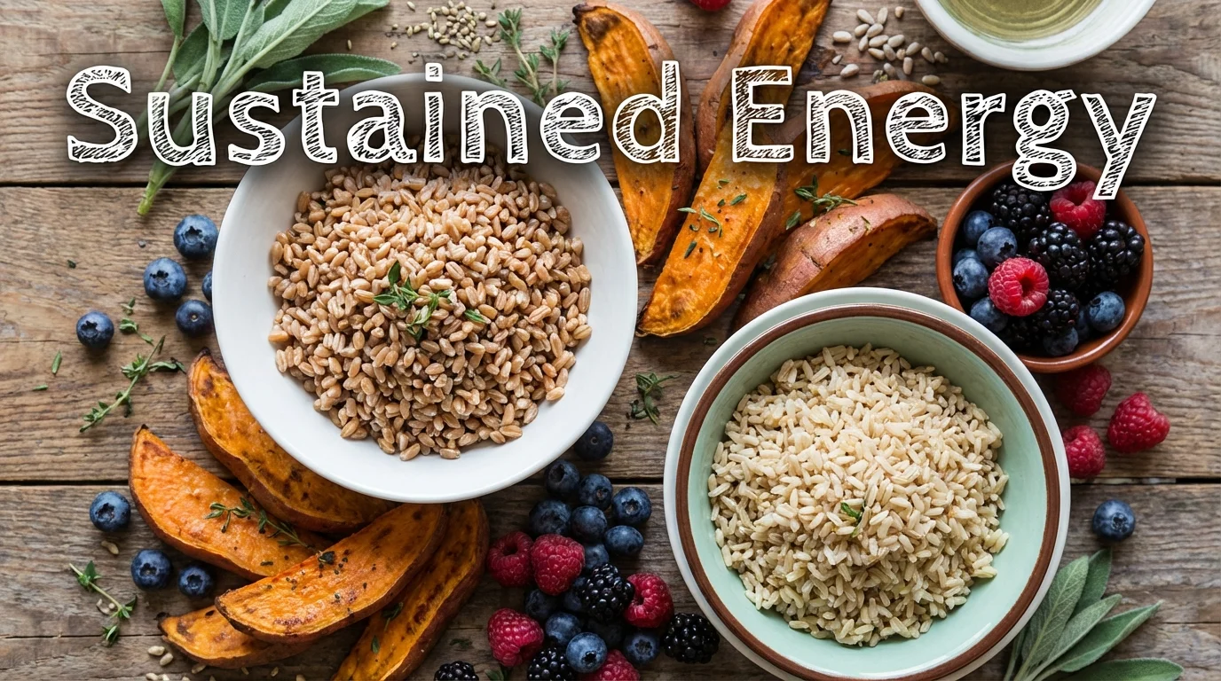 Assorted complex carbohydrates including grains and root vegetables.