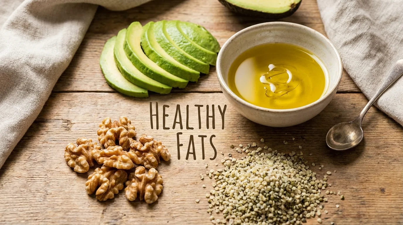 Selection of healthy fat sources like avocado, olive oil, and nuts.