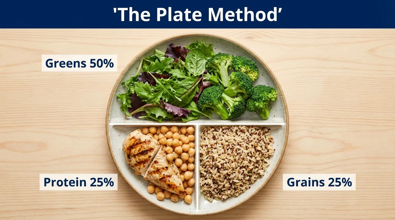 Visual guide showing a plate divided into healthy proportions.