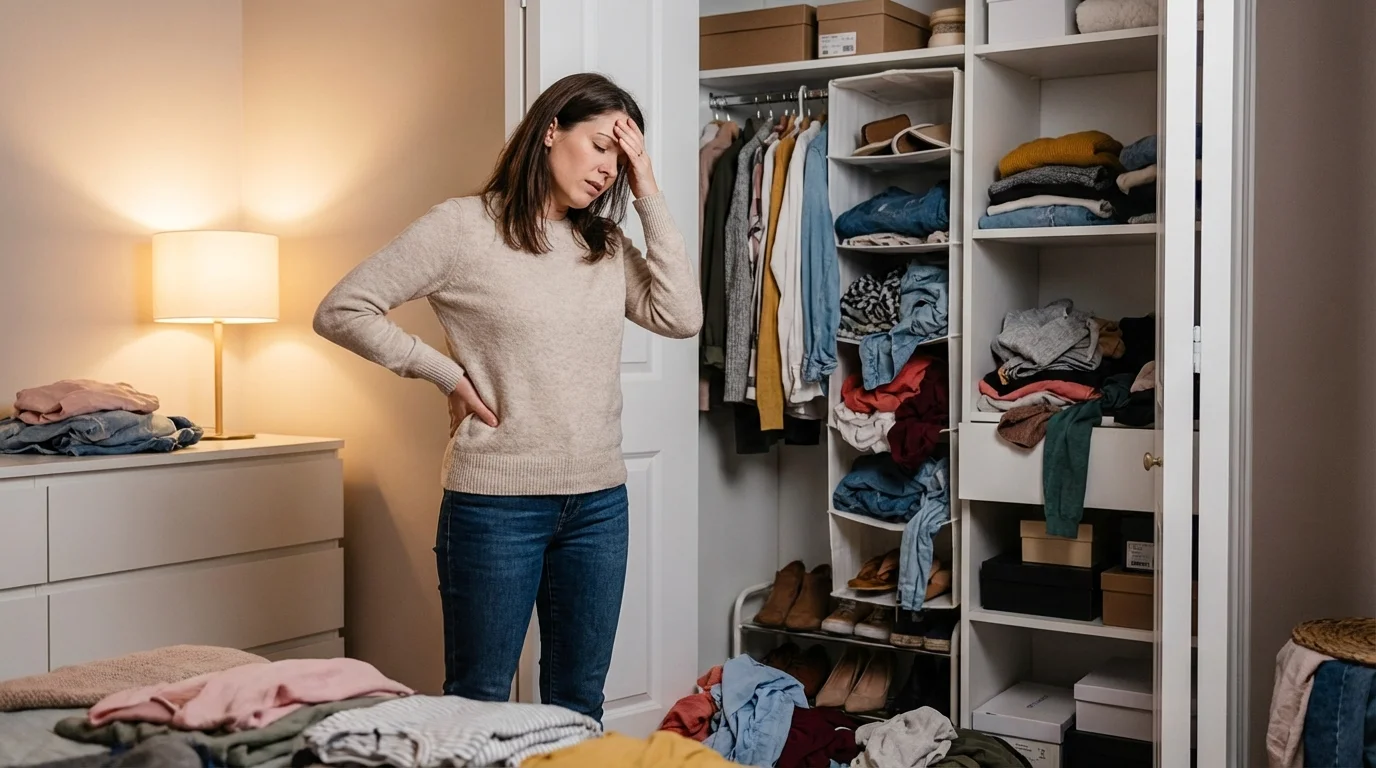 A woman experiencing decision fatigue while looking at a full closet.