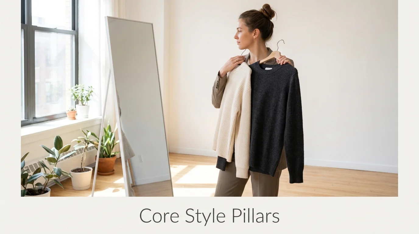Woman defining her core style pillars in front of a mirror.