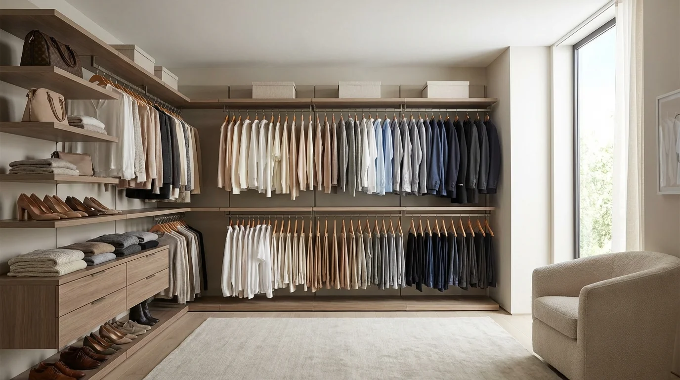 Impeccably organized closet with color-coded clothing categories.