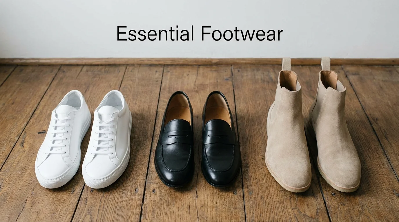 Essential footwear including sneakers, loafers, and boots.