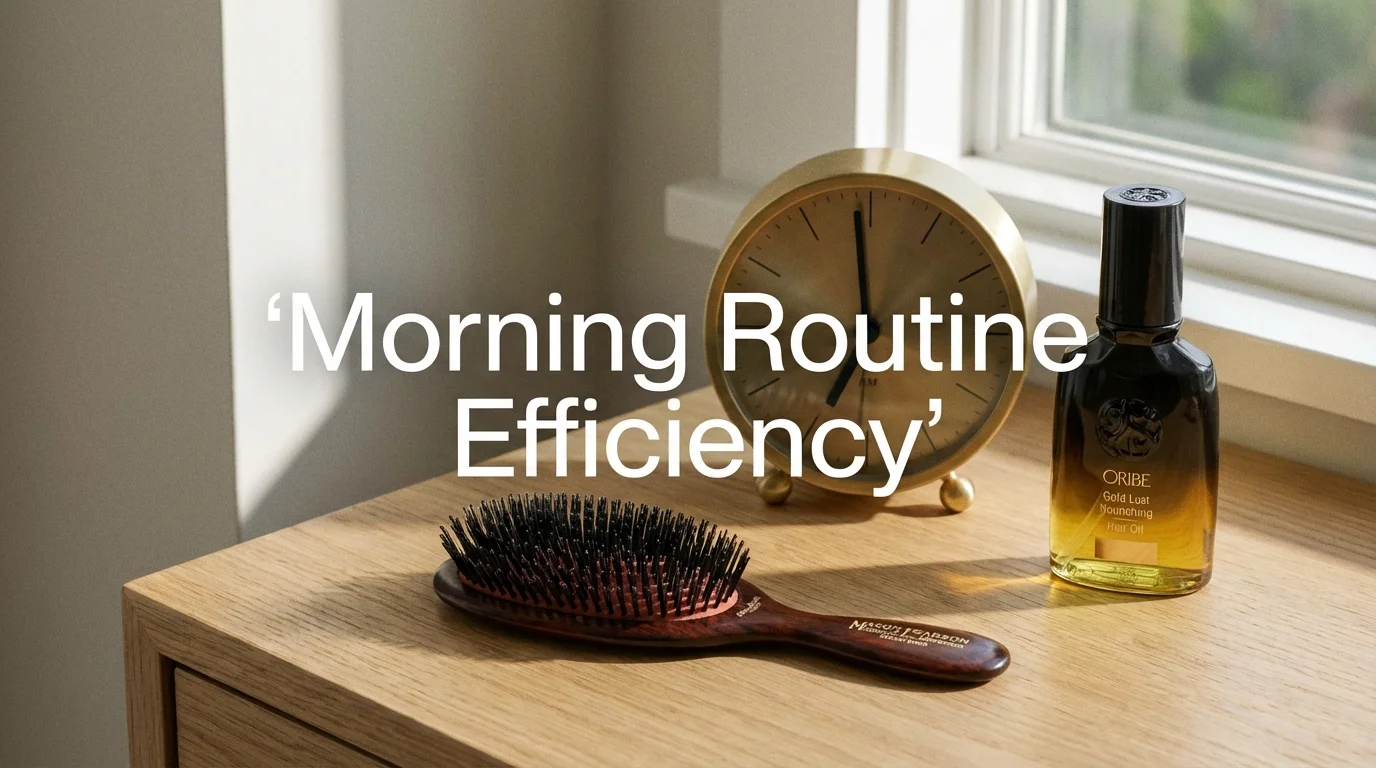 Minimalist vanity setup with a clock and hairbrush.