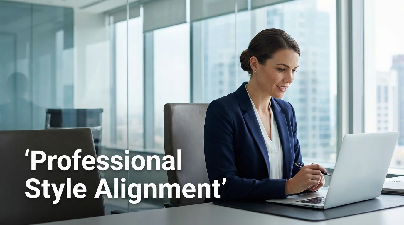 Professional woman with a sleek low bun in a modern office.
