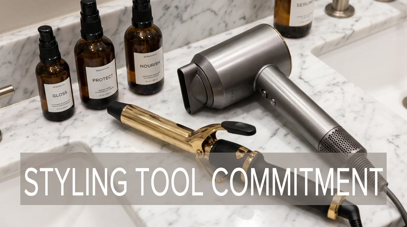 High-end hair styling tools and products on marble.