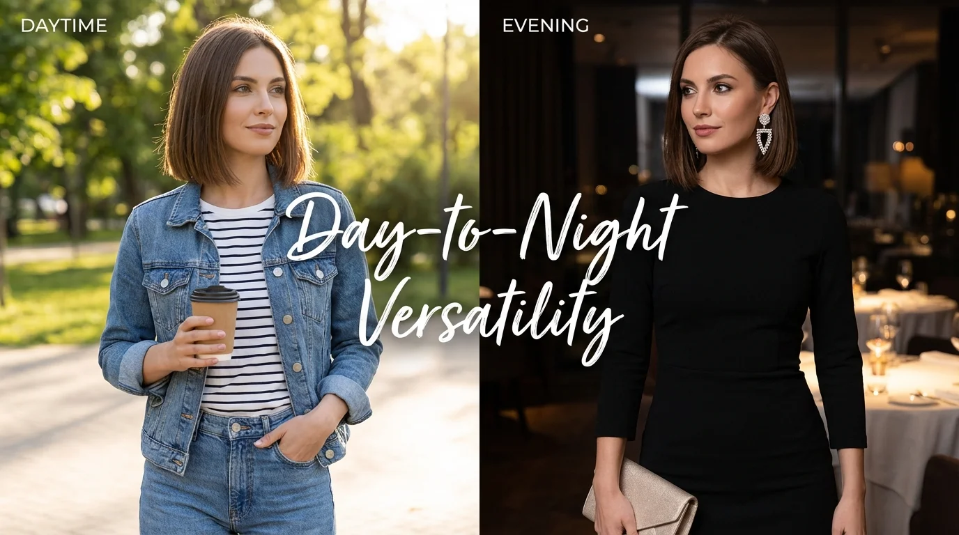 Split image of daytime and evening hair styling.