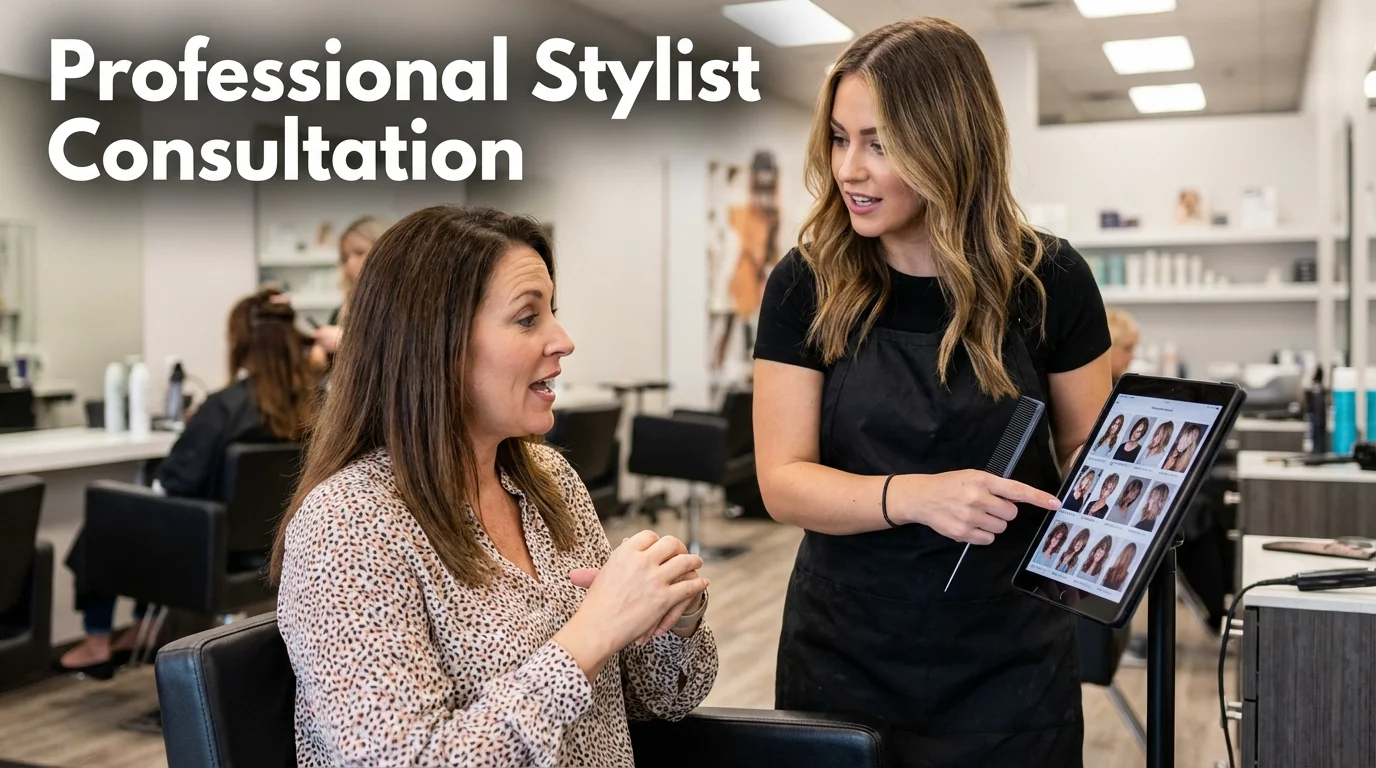 Woman consulting with a hair stylist in a salon.