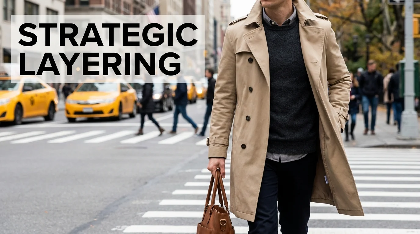 A woman modeling a layered outfit suitable for changing temperatures and settings.