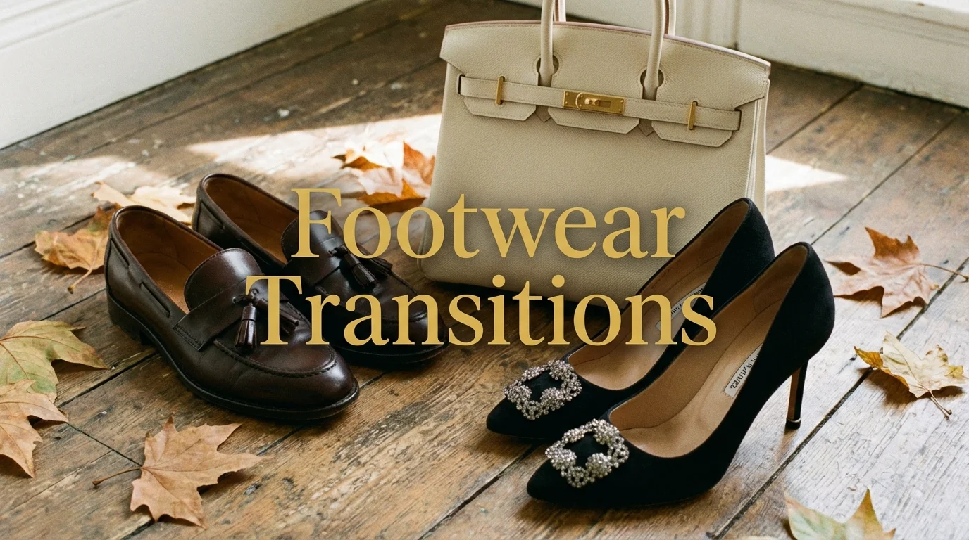 Professional loafers and high-heeled pumps arranged on a marble floor.