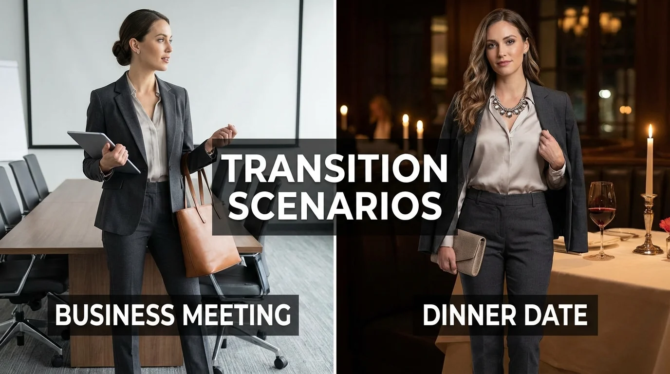 Side-by-side comparison of a versatile outfit adapted for two different settings.