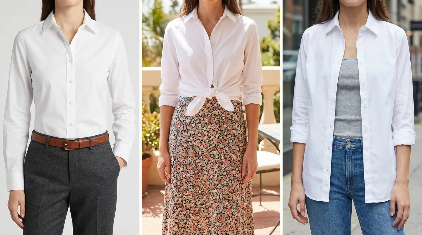 Creative restyling of a basic white shirt in three different ways.