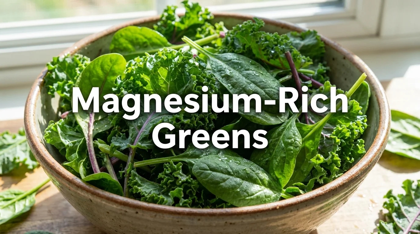 Fresh spinach and kale leaves representing magnesium-rich foods.