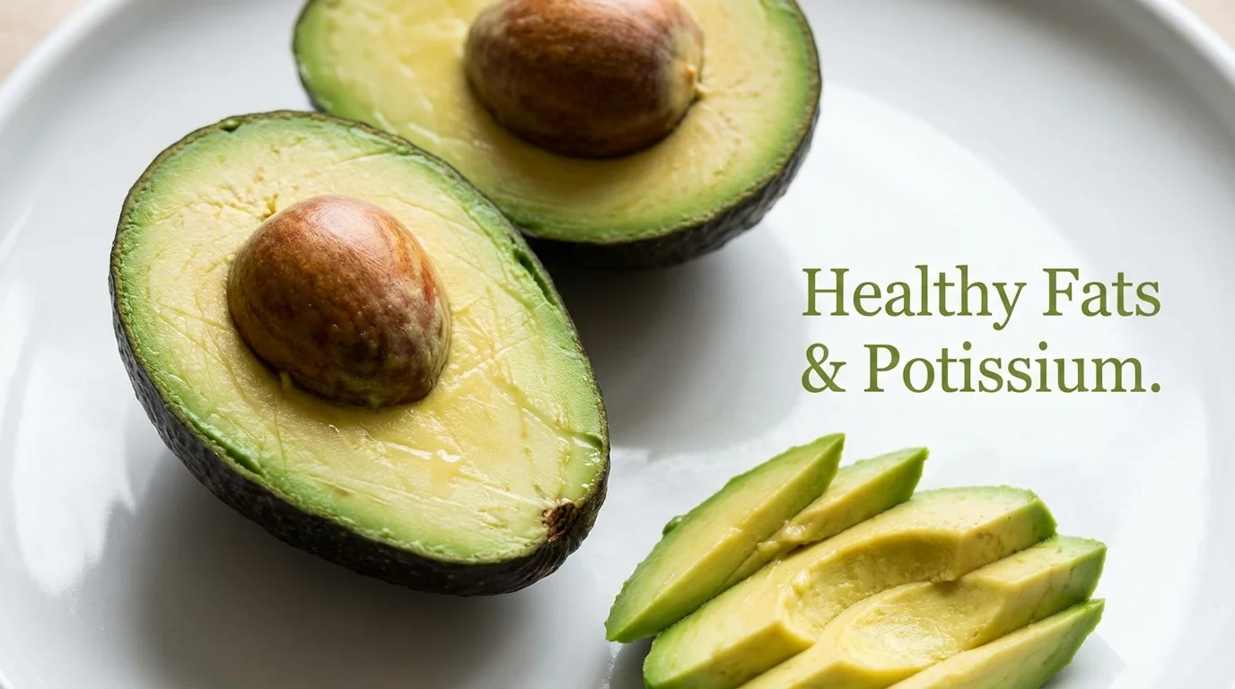 Sliced avocado halves showing healthy fats and potassium content.