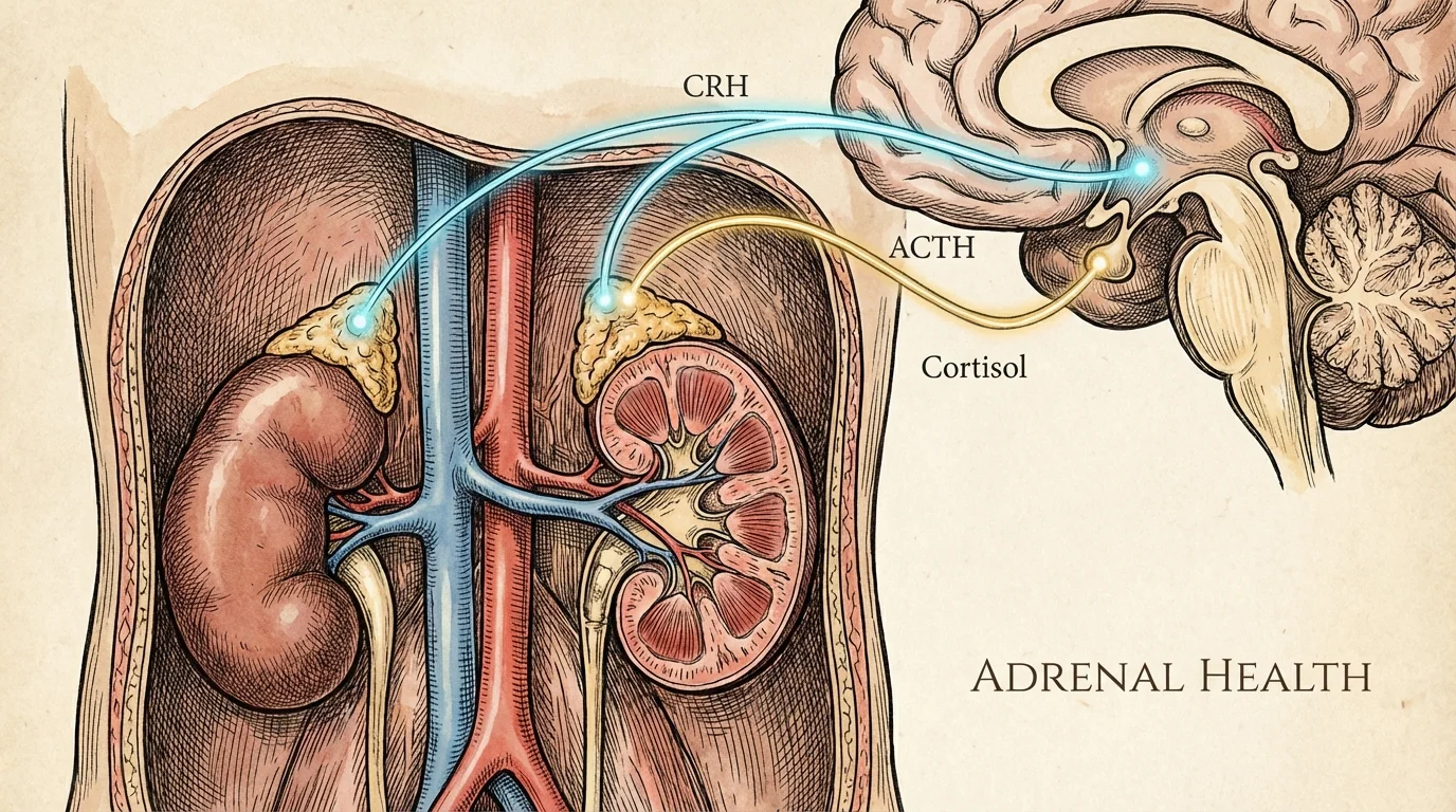 Medical illustration of the HPA axis and adrenal glands.
