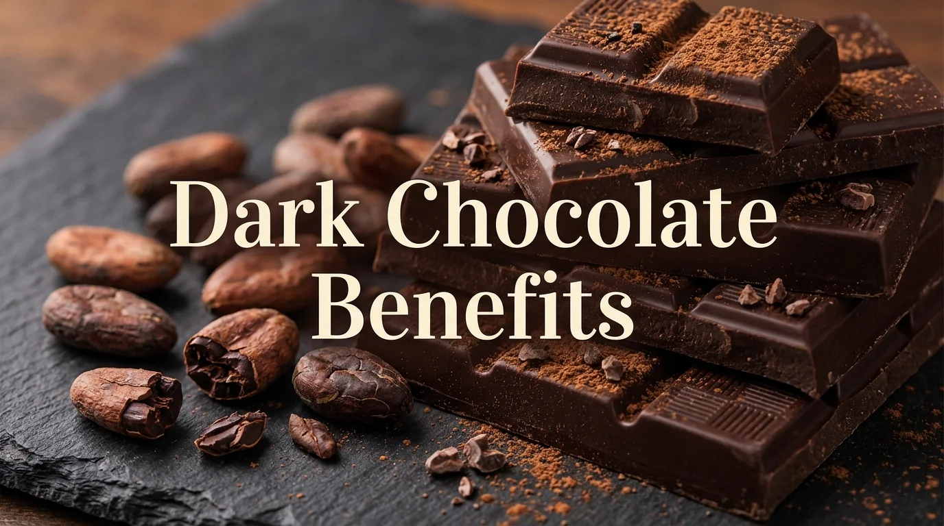 High-quality dark chocolate pieces with cocoa beans.