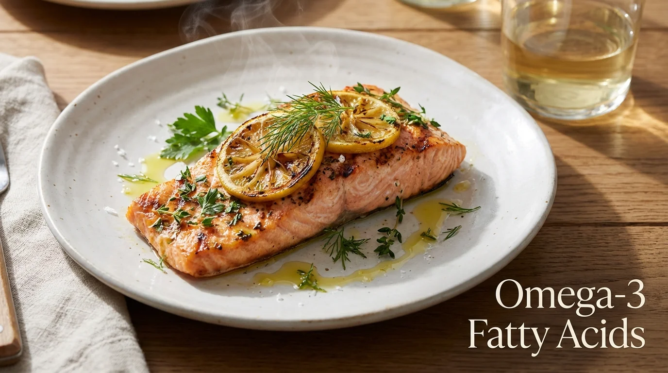 Grilled salmon fillet rich in omega-3 fatty acids.