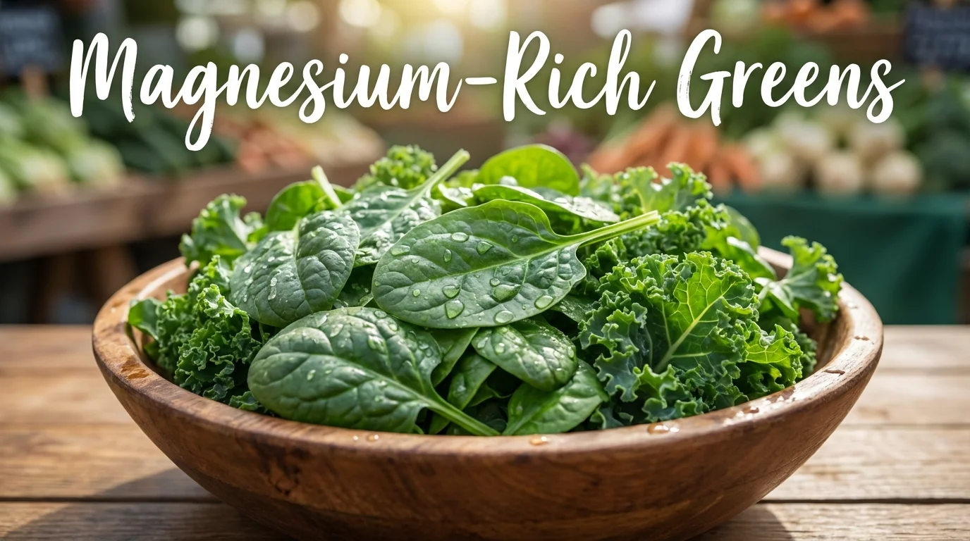 Fresh spinach and kale leaves in a wooden bowl.