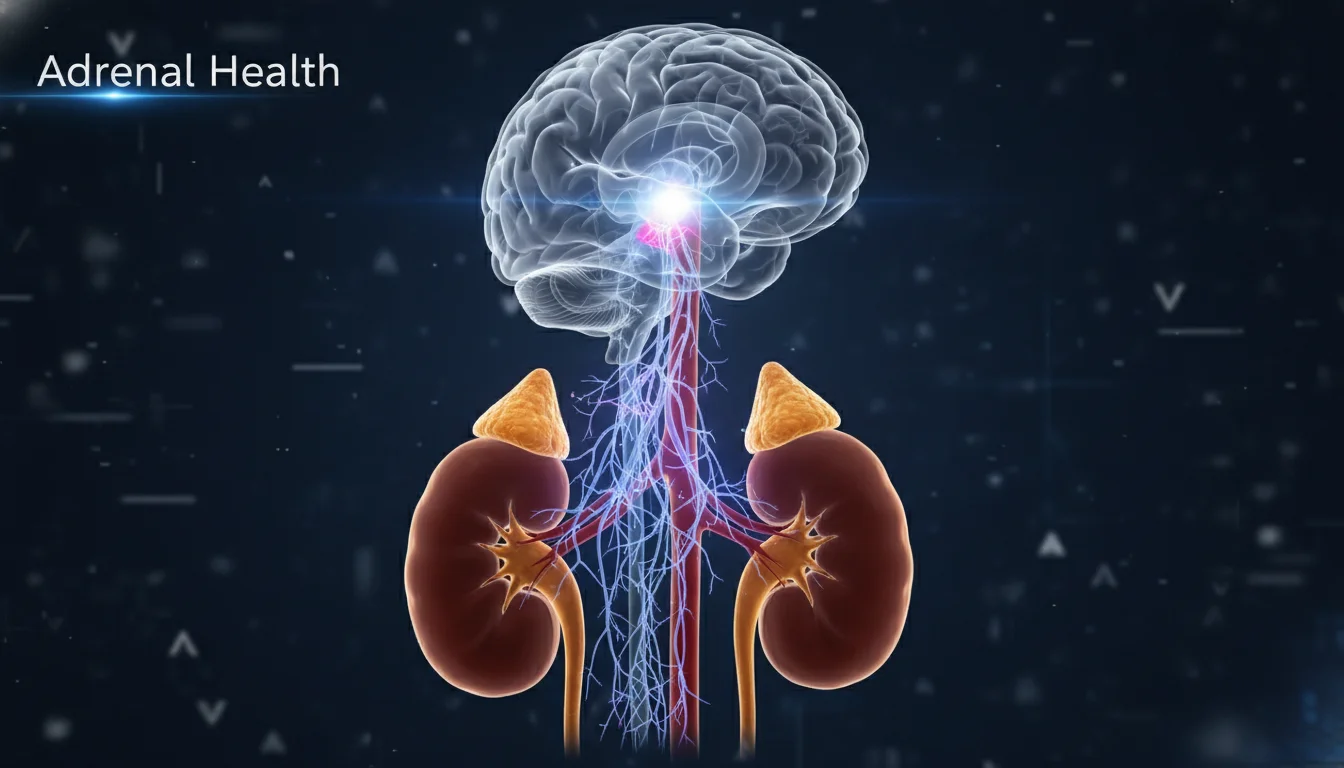3D medical illustration of the adrenal glands and the brain's stress response system.