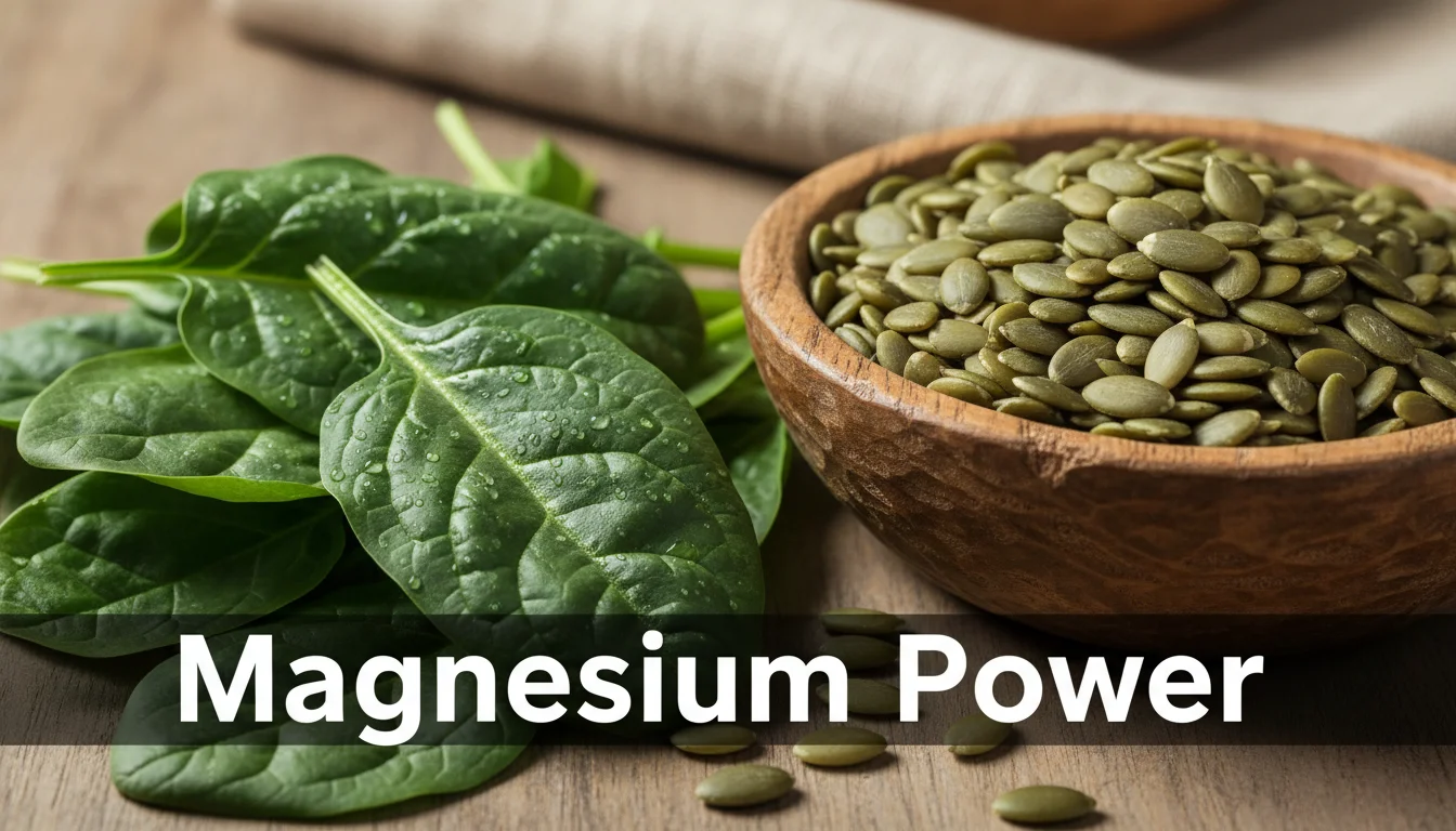 Fresh spinach and pumpkin seeds, rich sources of magnesium for stress relief.