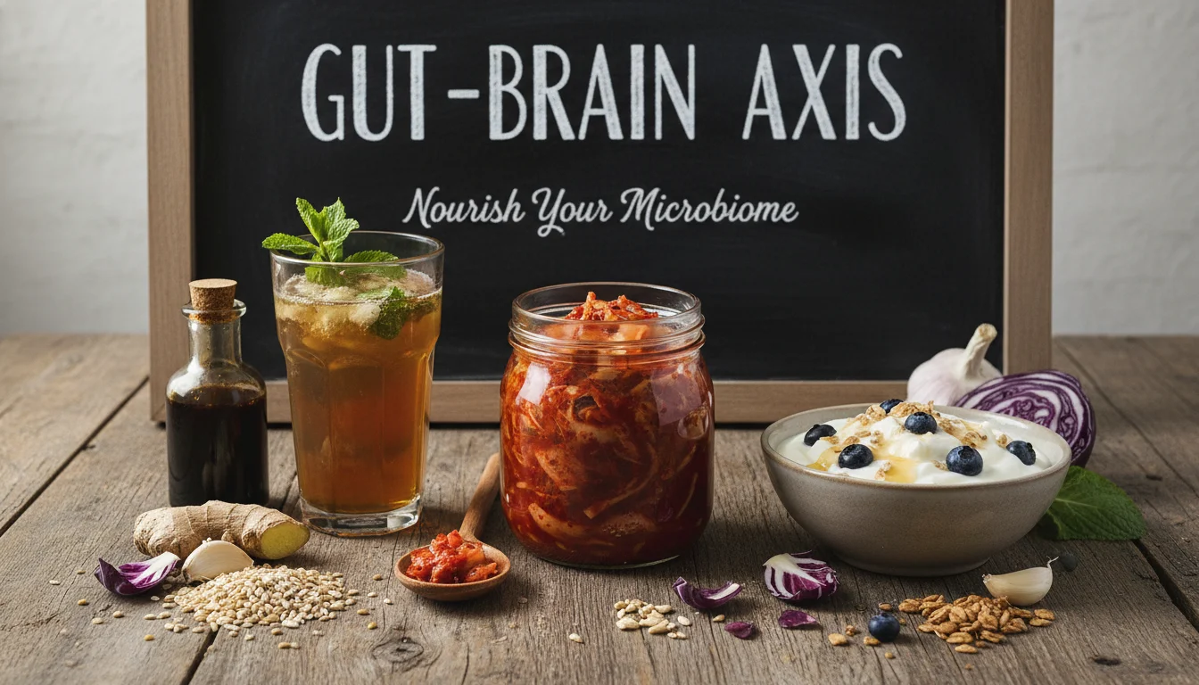 Various fermented foods like kimchi and yogurt to support the gut-brain axis.
