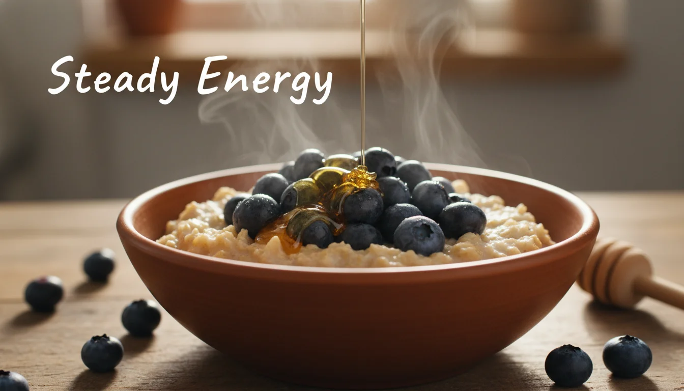 A bowl of steel-cut oats and blueberries, representing complex carbohydrates.