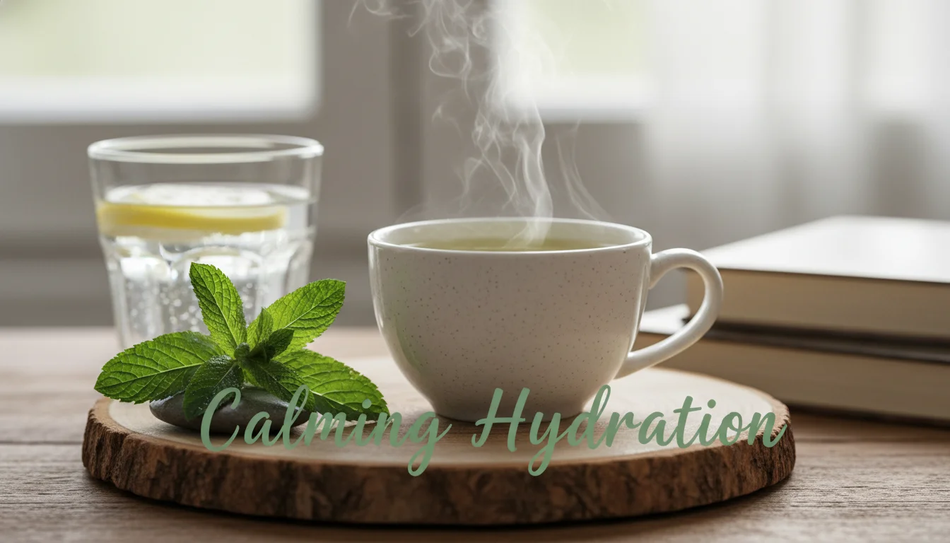 A cup of green tea and a glass of water, emphasizing hydration for stress.