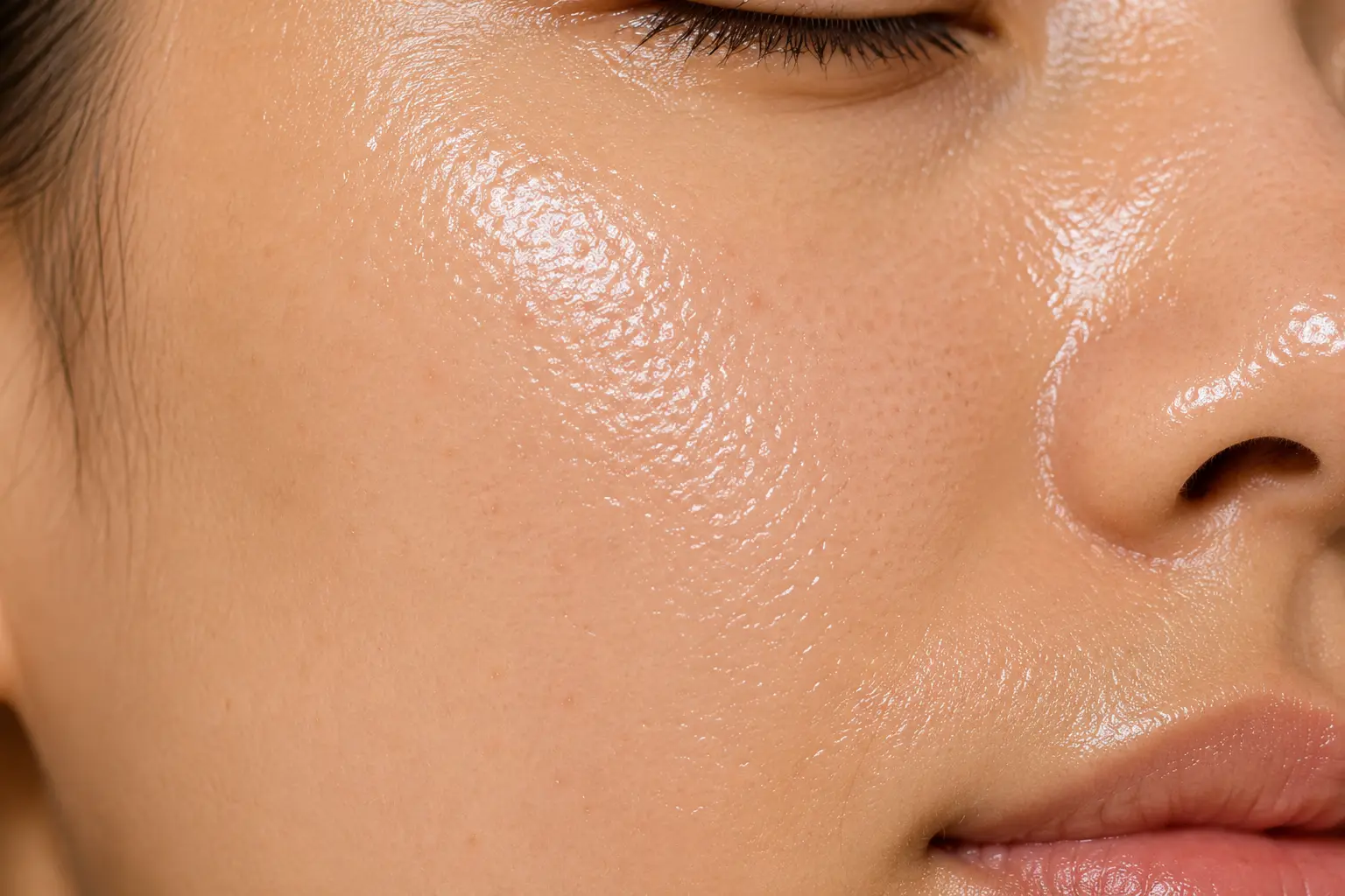 Close-up of oily skin with visible shine