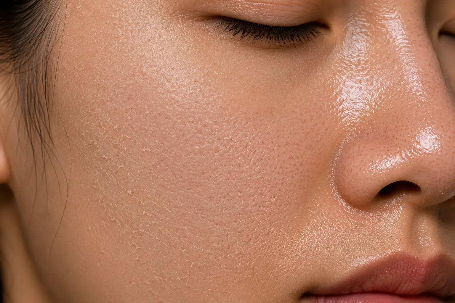 Close-up of combination skin showing an oily zone and drier cheek